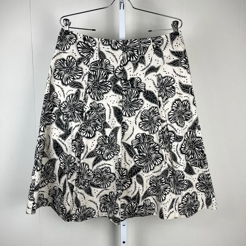 Charter Club Pleated Midi Skirt Cream Black Floral Flower A-Line Womens Size 8